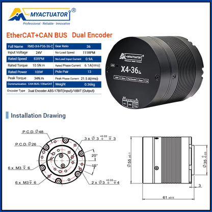 Myactuator X4-36 V4 High Precision Robot Joint with EtherCAT + CAN 24V DC Brushless Motor Large Torque 36N Small Volume